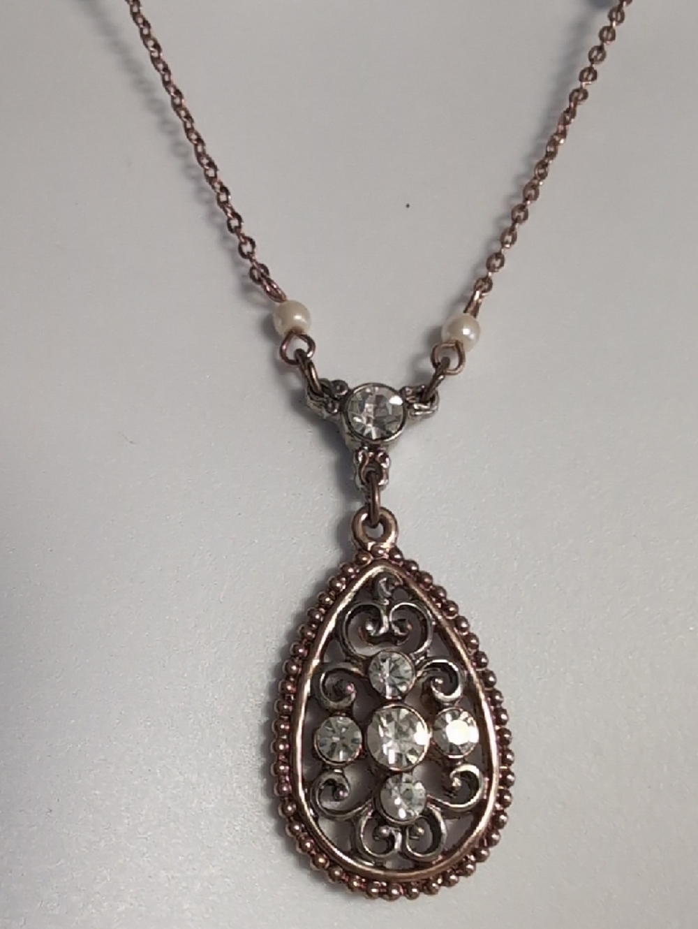 1928 Rose Gold Teardrop Filigree Pendant Necklace with Pearls and Clear Crystals